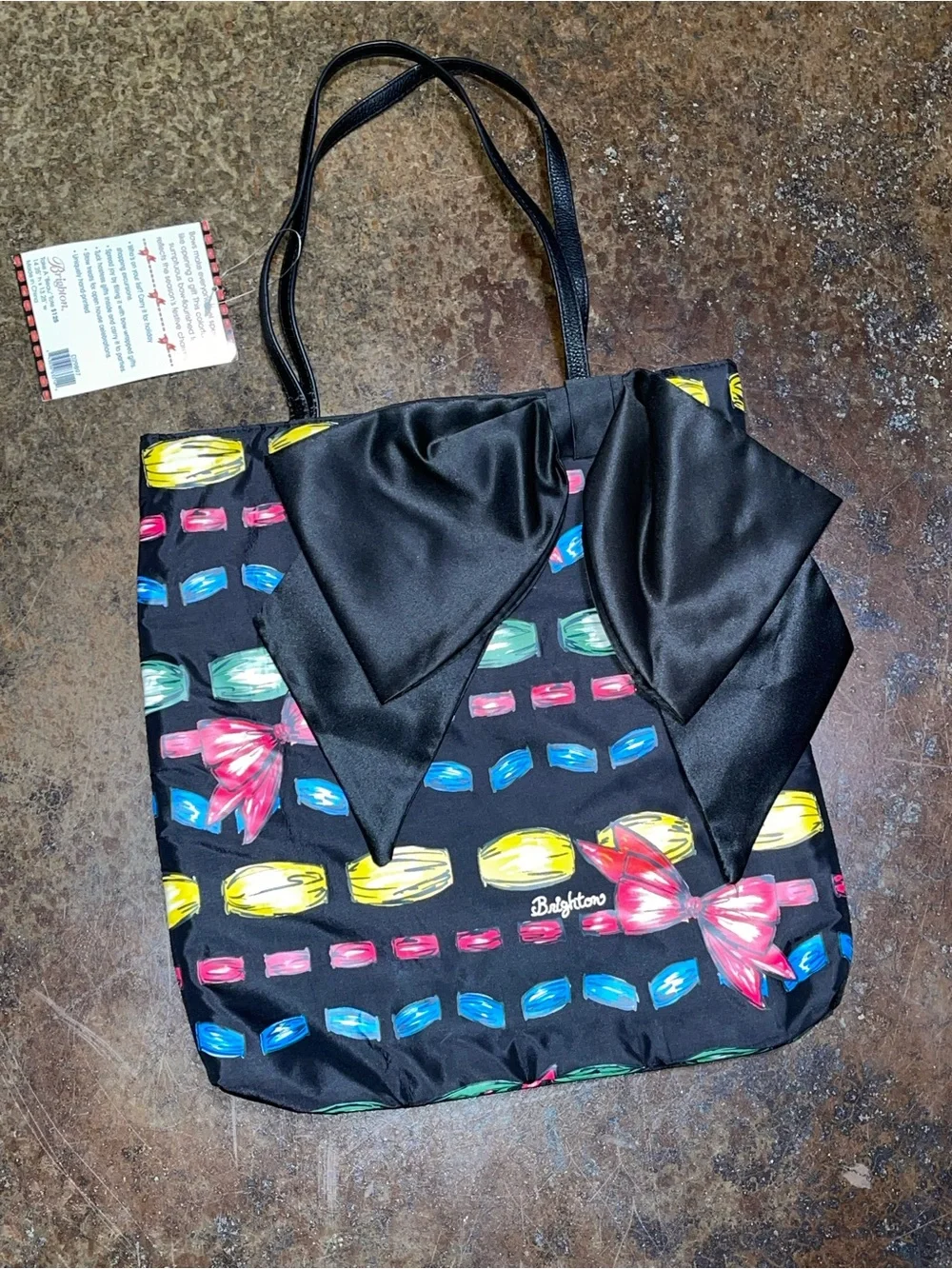 Brighton Black Tote with Pink, Blue, Yellow & Green Accents and Bow